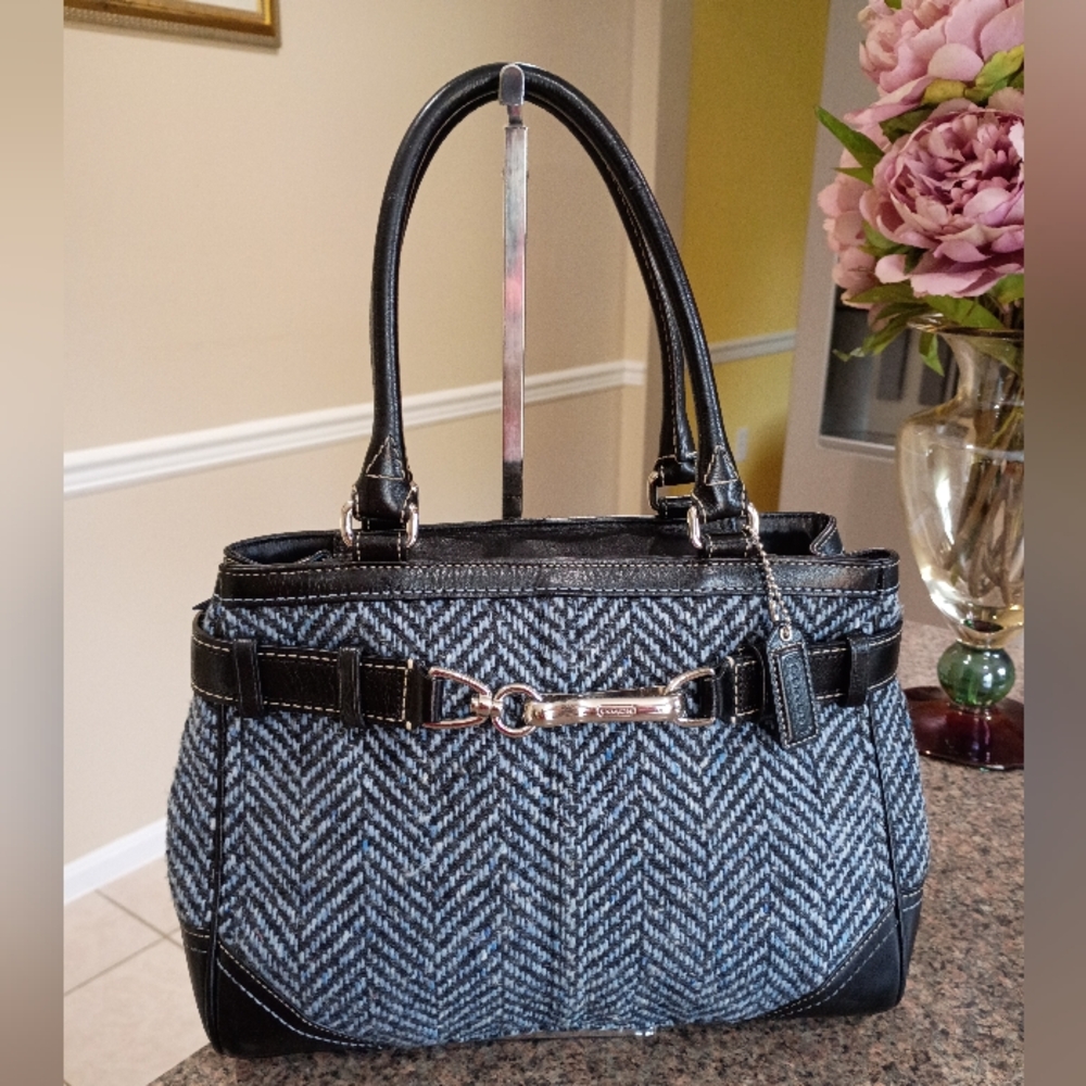 Coach Hampton Blue Black Wool Tweed Leather Trim Satchel